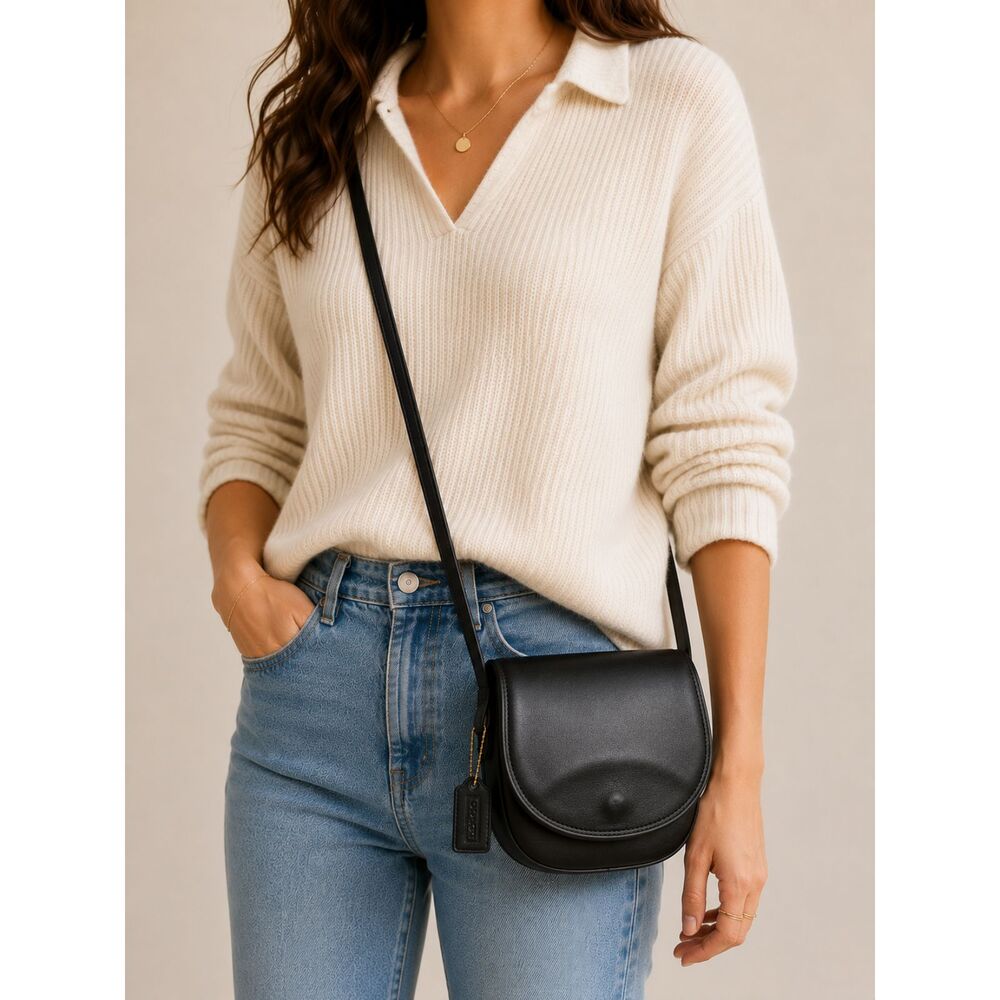 Vintage Designer Inspired Black Leather Saddle Bag Crossbody Purse Minimalist